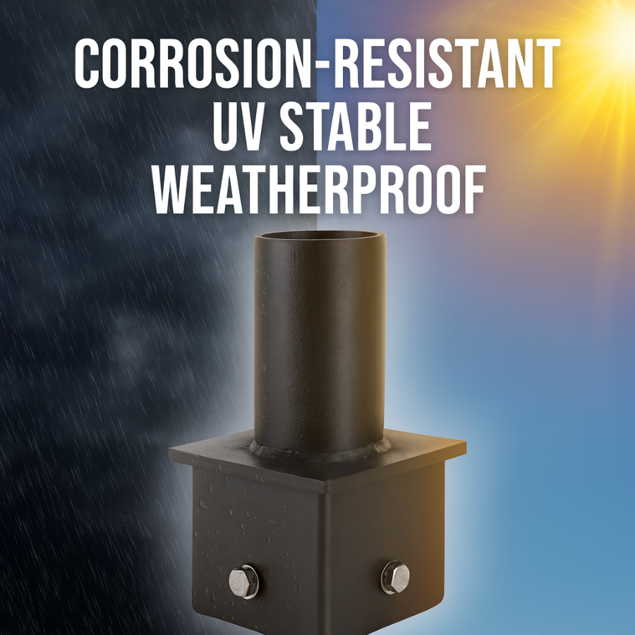 Weatherproof component with text 'Corrosion-Resistant UV Stable Weatherproof' on a background with rain and sun.