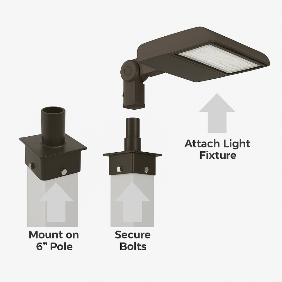 Outdoor light fixture assembly with mounting instructions on a white background