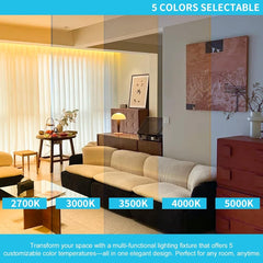 Living room with a multi-functional trimless recessed downlight lighting fixture and color temperature options displayed.