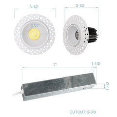 Measurement chart of a trimless recessed downlights ceiling light fixture with dimensions labeled.