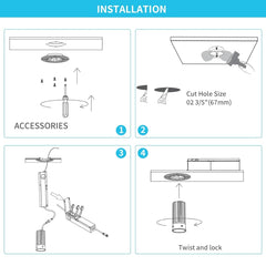 Step-by-step installation diagram for a trimless recessed led downlights ceiling light fixture with labeled steps and cut hole size.