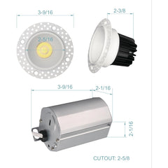 Dimensions and specifications of a trimless recessed led downlights on a white background