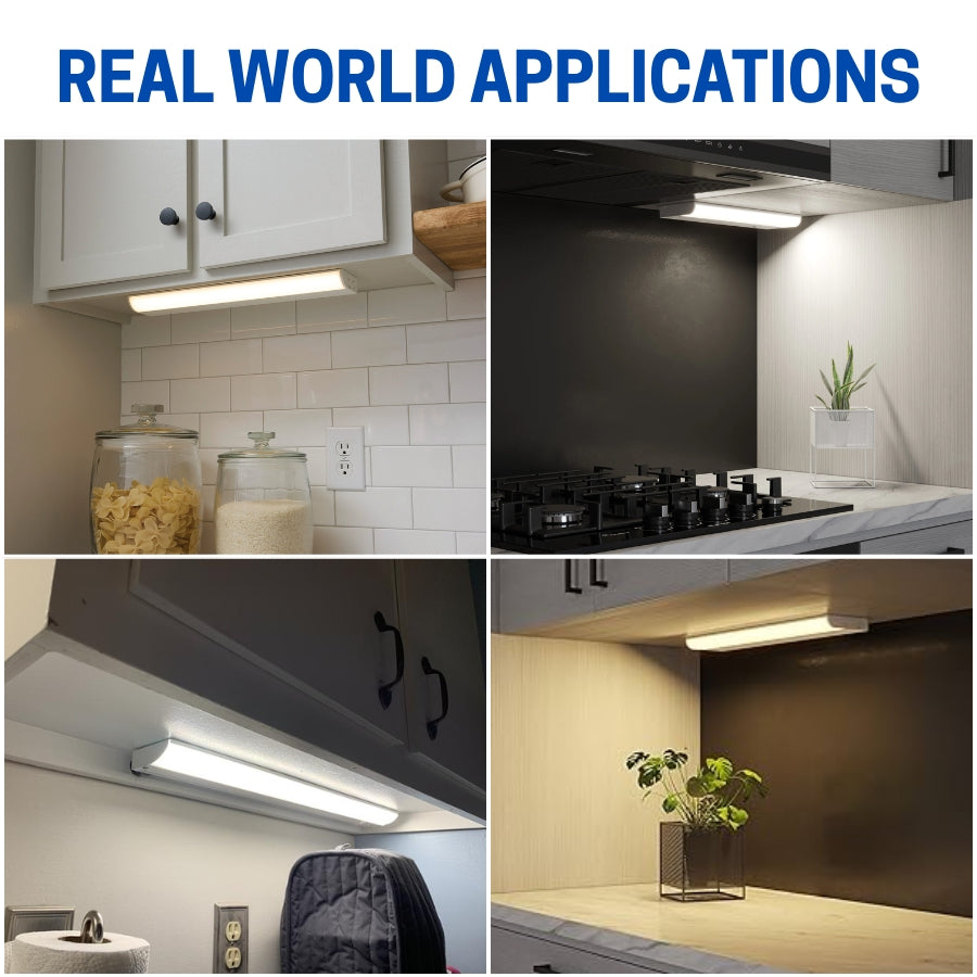 Collage of under cabinet led light in various real-world applications including kitchen, bathroom, and office settings.