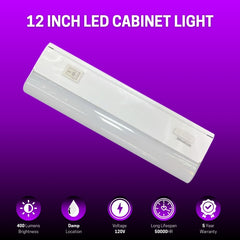 12 inch LED cabinet light on a purple background with specifications displayed.