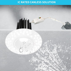 downlight trimless with water droplets and a cable on a gray background, labeled 'IC Rated Canless Solution' at fliptoled