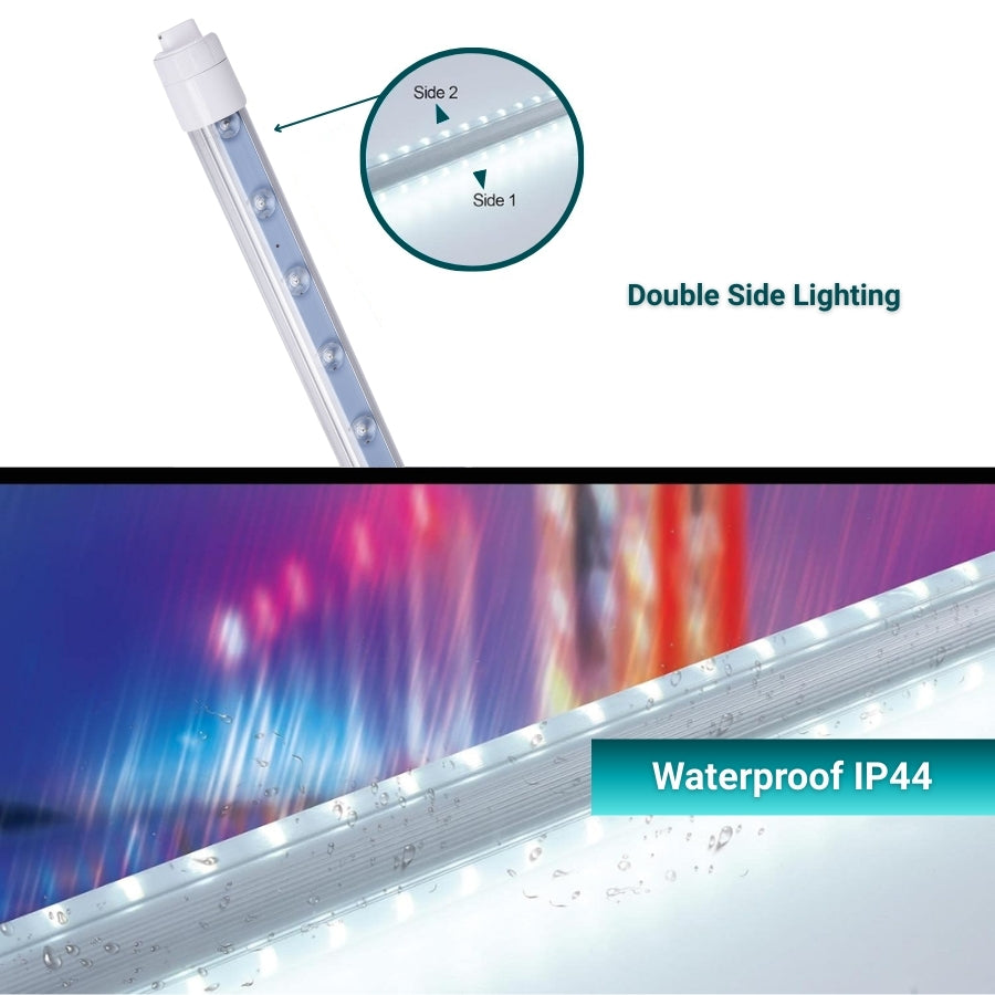 LED strip light with double side lighting feature and waterproof IP44 rating on a white background.