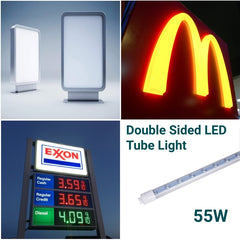 Collage of LED tube lights, McDonald's logo, Exxon gas station sign, and 55W LED tube light.
