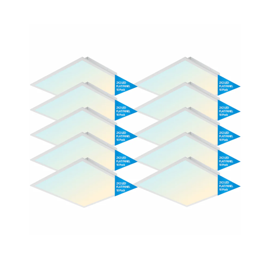 Ceiling panels arranged in a geometric pattern with blue labels on a white background, 10 pack 2x2 led flat panel surface mount 