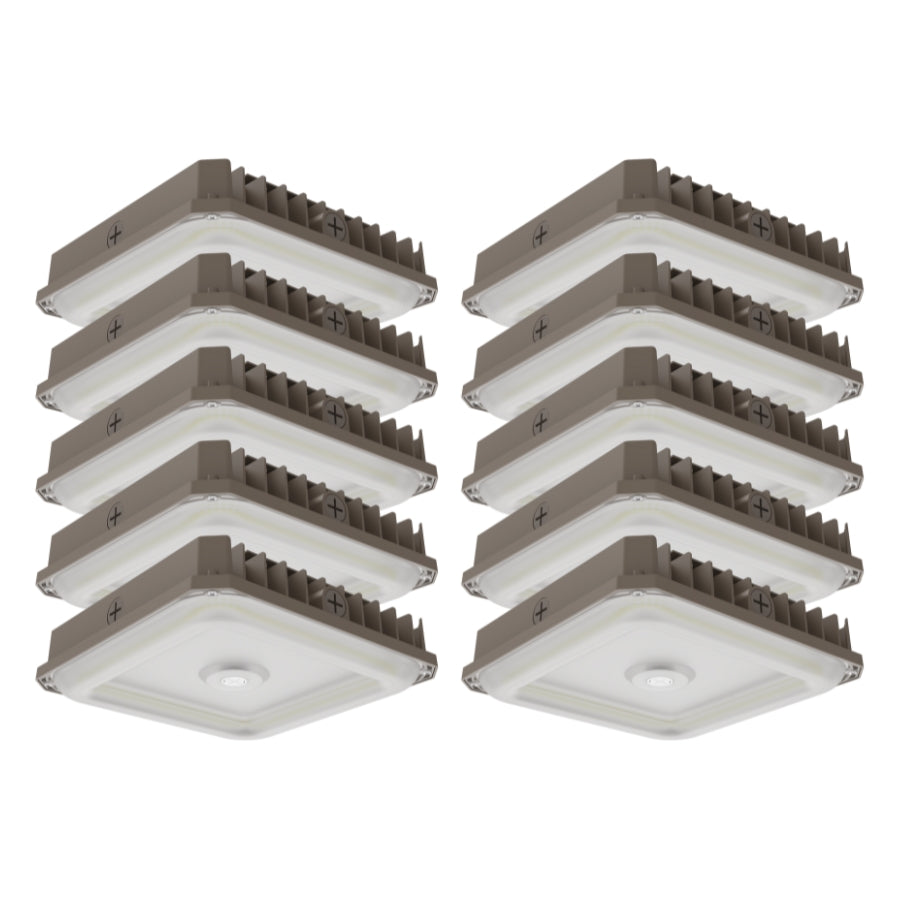Set of eight square ceiling lights with brown frames on a white background