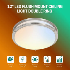12" LED Flush Mount Ceiling Light Double Ring with specifications on a gradient background at fliptoled