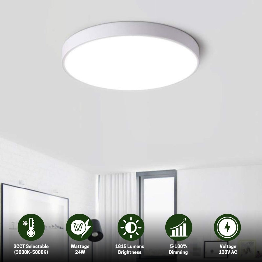Ceiling light fixture with energy efficiency icons and specifications on a white wall background at fliptoled