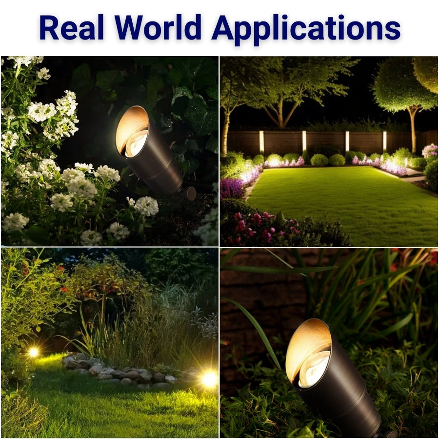Collage of outdoor lighting fixtures in garden settings with text 'Real World Applications'.