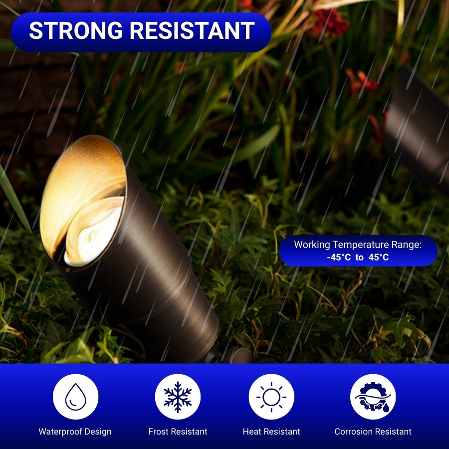 Outdoor light fixture in rain with text about resistance properties and temperature range.