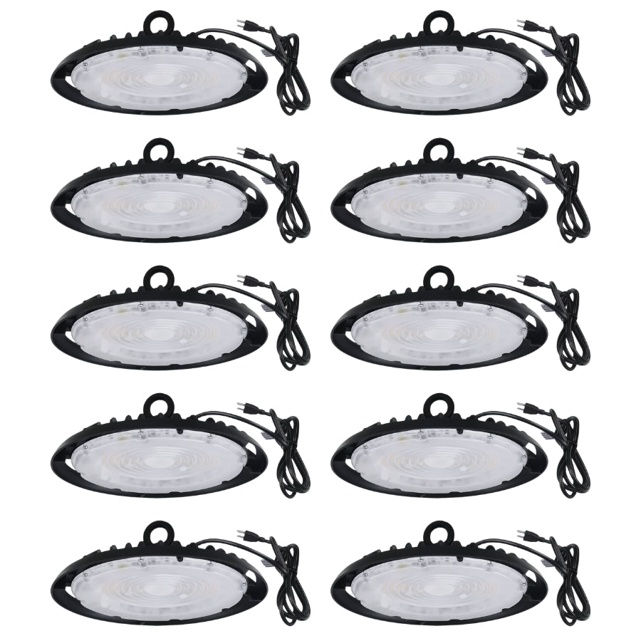 Set of 10 LED work lights with black fixtures on a white background