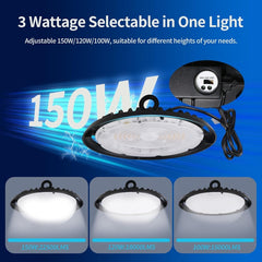 150w ufo led high bay light​ fixture with adjustable wattage options on a blue background