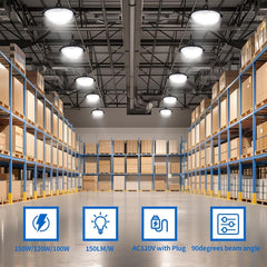 Warehouse interior with 150w ufo led high bay light​ installed, highlighting features like power rating and beam angle.