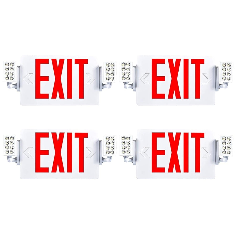 Double Sided LED Emergency EXIT Sign Combo, Two LED Lights, Backup Battery, US Standard Red Letter Emergency Exit Lighting, Commercial Grade, 120-277V, Fire Resistant (UL 94V-0) 4 Pack