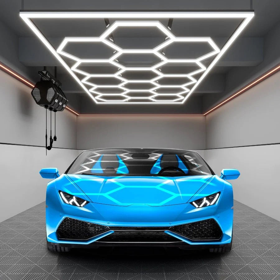 Hexagon LED Garage Light 720W 93600 Lumens 6500K 15 Hex Grid High Brightness for Garage Shop Basement Car Detailing Includes Mounting Clips DIY Installation