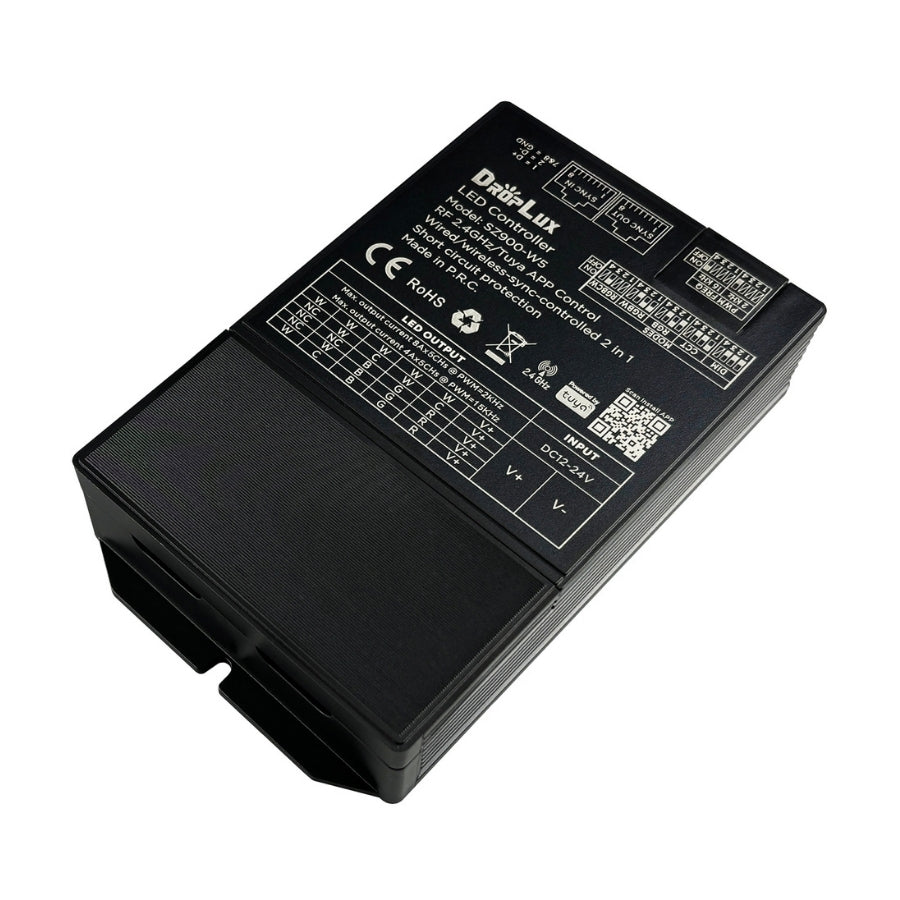 Smart LED Controller SZ900-X5, 5 in 1 RGB, RGBW, RGBCCT, CCT, DIM, Tuya LED Strip Light Controller, Bluetooth and WiFi Control, Multi-Zone Sync, Works with Alexa and Google, 12V 24V, 58A Output, 2KHz or 15KHz PWM