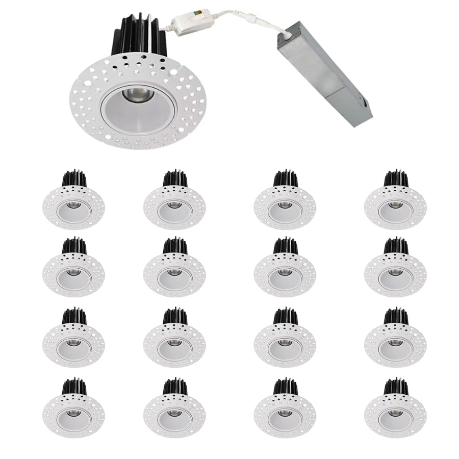 1 Inch 7W Round LED Trimless Downlight with Junction Box, 600 Lumens, 2700K/3000K/3500K/4000K/5000K Selectable, AC120V TRIAC/ELV dimmers, White Trim, IC Rated, CRI 90+ Wet Location ETL Listed 16PACK