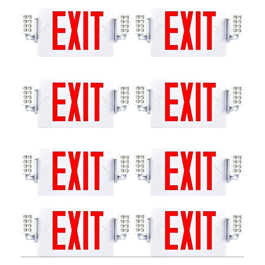 8 Pack Double Sided LED Emergency EXIT Sign Combo, Two LED Lights, Backup Battery, US Standard Red Letter Emergency Exit Lighting, Commercial Grade, 120-277V, Fire Resistant (UL 94V-0)