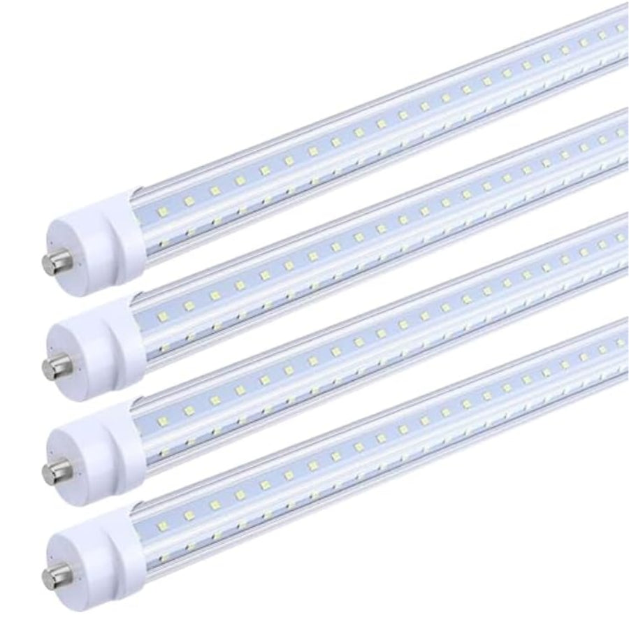 T8 8FT LED Tube Light, 8 Foot T8 V Shaped Single Pin FA8 Base, Ballast Bypass 270° 50W 6750LM, 6500K Cool White, Clear PC Cover (Replace 150W LED Flourescent Bulbs) Dual - Ended Power AC100-277V 4PACK