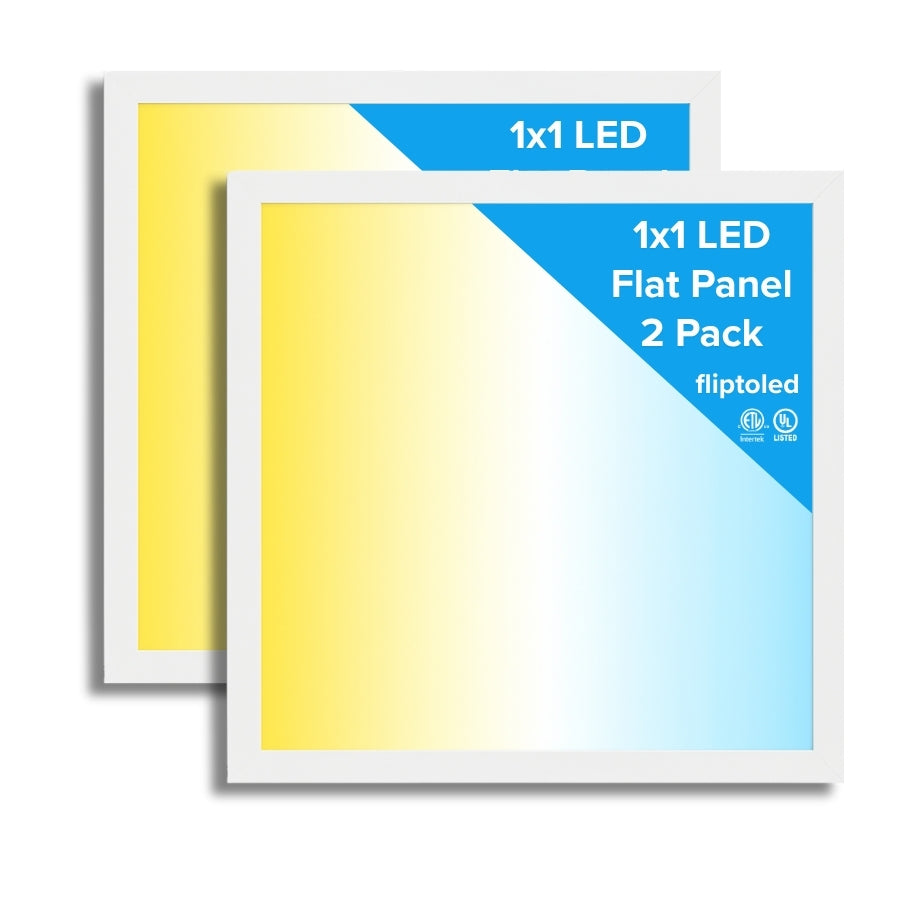 Two 1x1 LED flat panel lights with yellow panels and blue text packaging on a white background.
