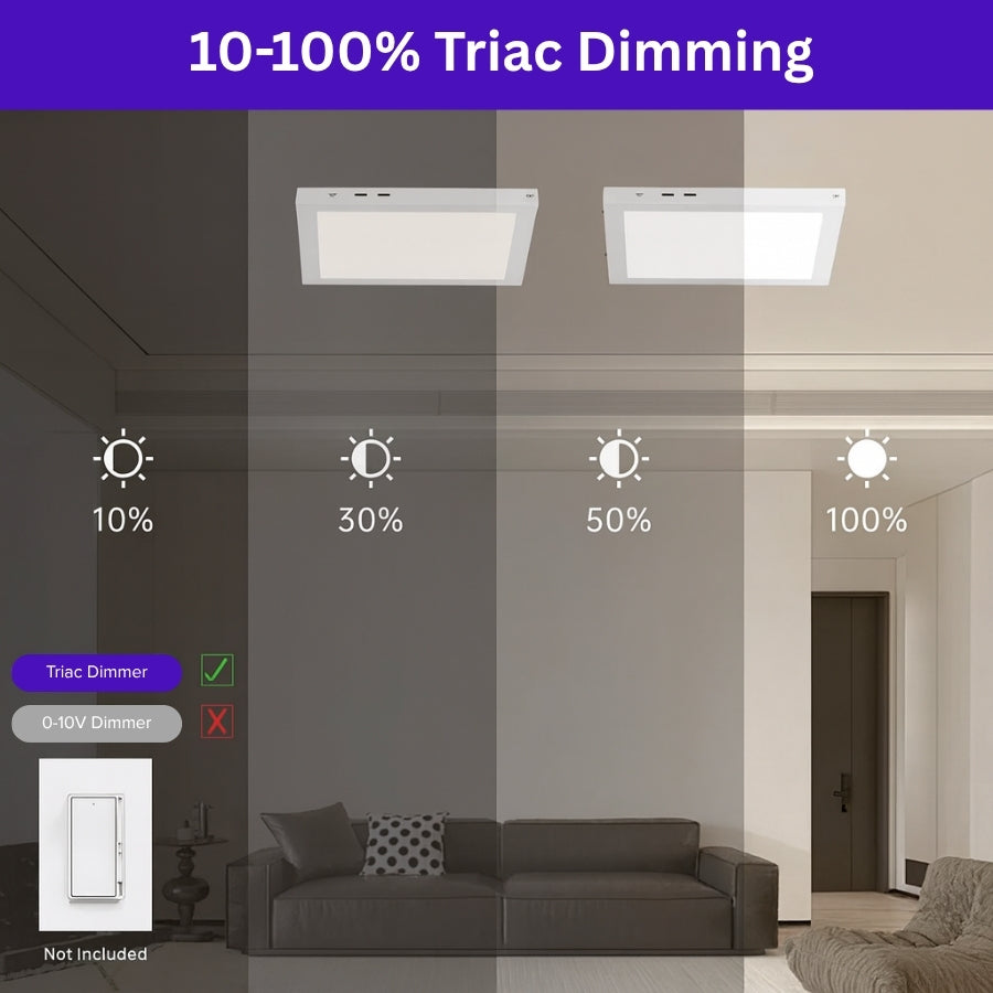 Living room with two ceiling lights showing different levels of dimming.