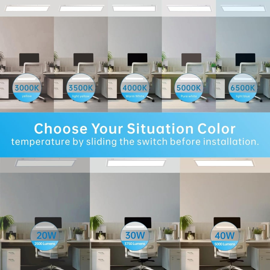 Office setting with LED light panels displaying color temperature and wattage options.