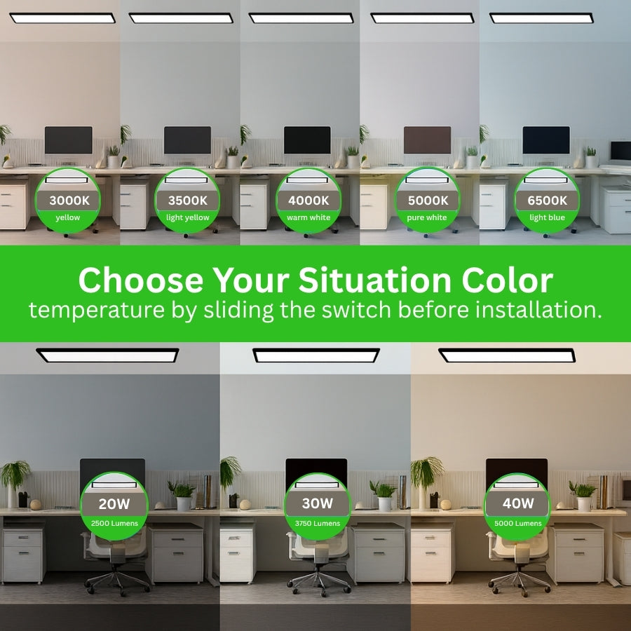 Collage of office desks with different light color temperatures and wattages displayed.
