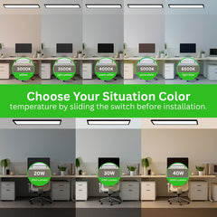 Collage of office desks with different light color temperatures and wattages displayed.