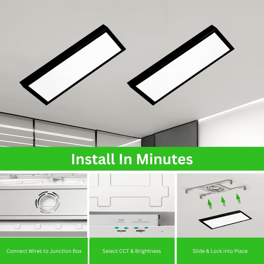 Two rectangular ceiling lights with installation steps on a gray background