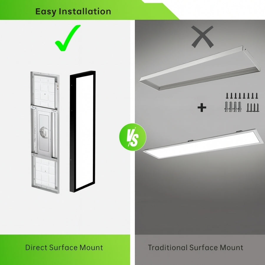 Comparison of direct surface mount and traditional surface mount installations with text 'Easy Installation' and 'Direct Surface Mount vs Traditional Surface Mount'.