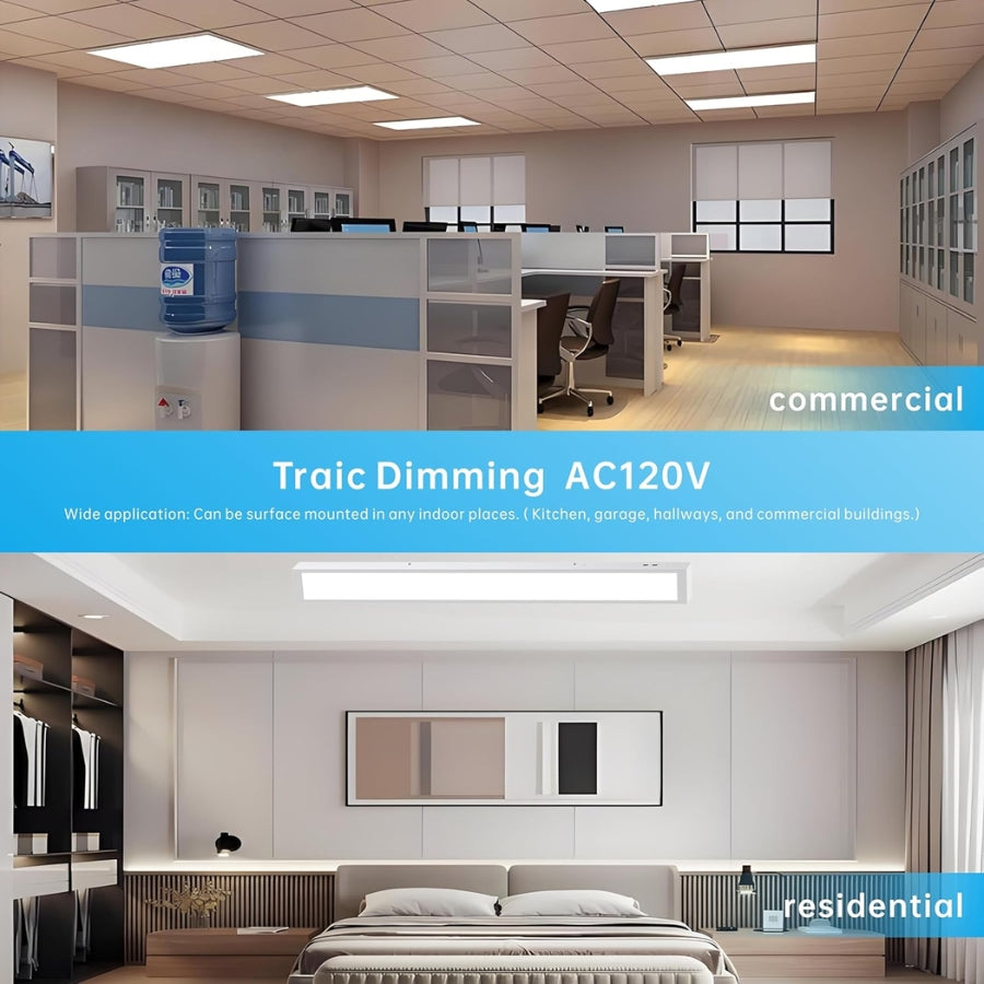 Modern office space with Traic Dimming AC120V lighting system, labeled for commercial and residential use. 1x4 flat panel led at fliptoled 