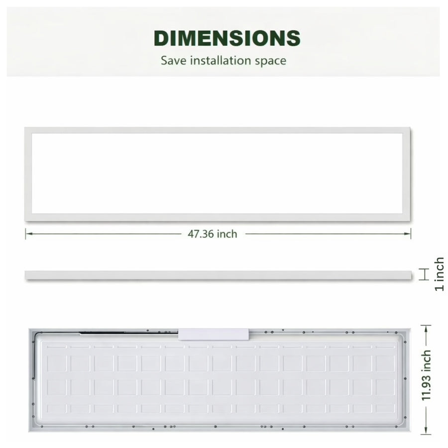 Dimensions of a 1x4 flat panel led surface mount with text indicating installation space saving.