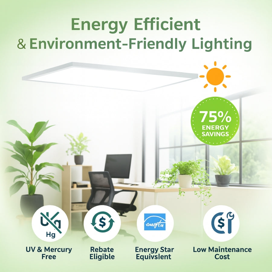 Modern office interior with energy-efficient lighting fixture, plants, and a green color scheme.