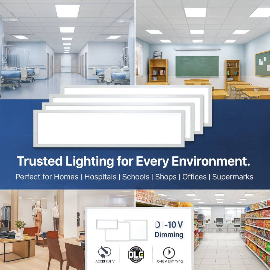 Collage of indoor environments with text about trusted lighting solutions.