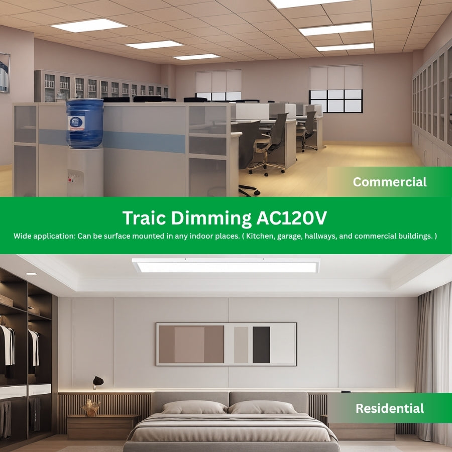 Two different interior settings with text overlay about Traic Dimming AC120V lighting system.