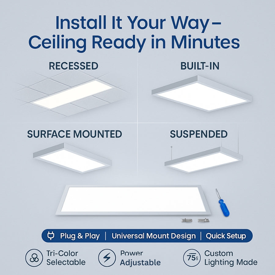 Ceiling light fixture installation options with text and icons on a blue background