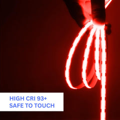Red LED strip light with text 'HIGH CRI 93+ SAFE TO TOUCH' on a dark background