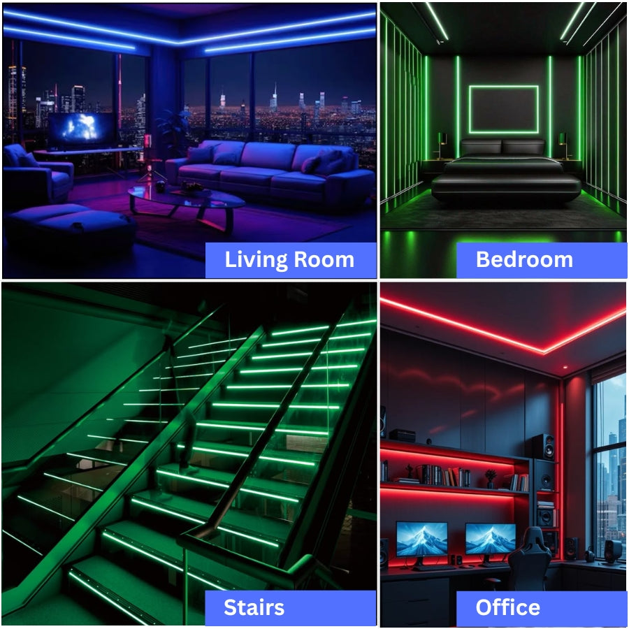 Four different rooms with RGB LED strip lights: living room, bedroom, stairs, and office.