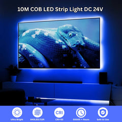 LED strip light around a TV screen displaying a snake, with product details at the top and bottom.