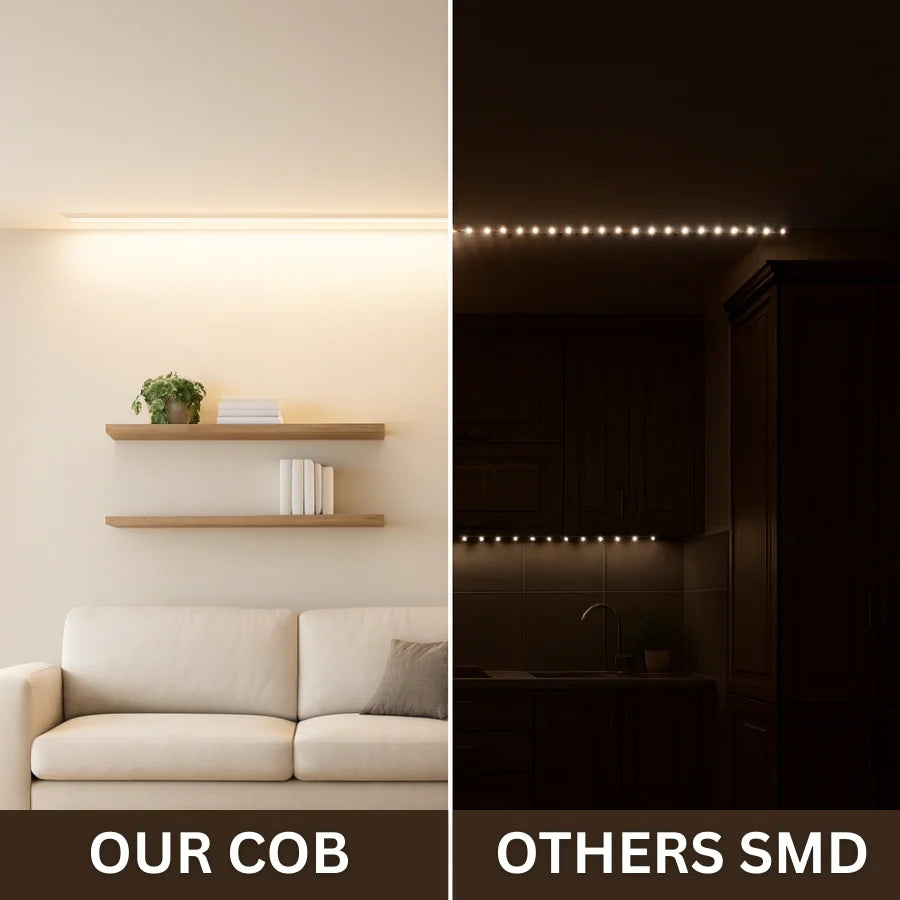 Comparison of COB and SMD LED strip lights in a living room setting.