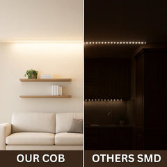 Comparison of COB and SMD LED strip lights in a living room setting.