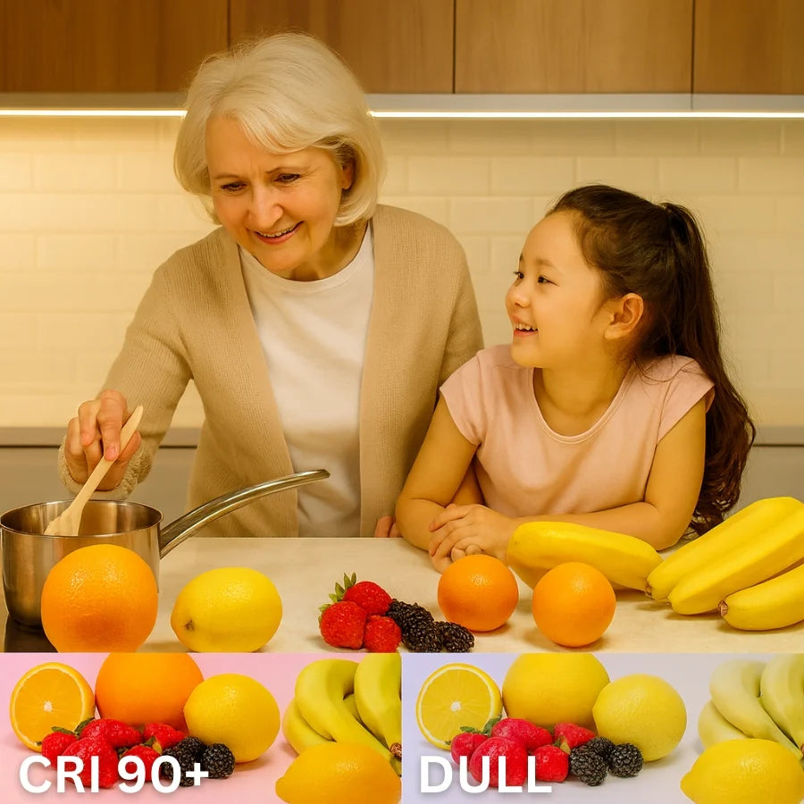 Grandmother and granddaughter in a kitchen with fruits and vegetables on a table, display application for 24v cob led strip lights 