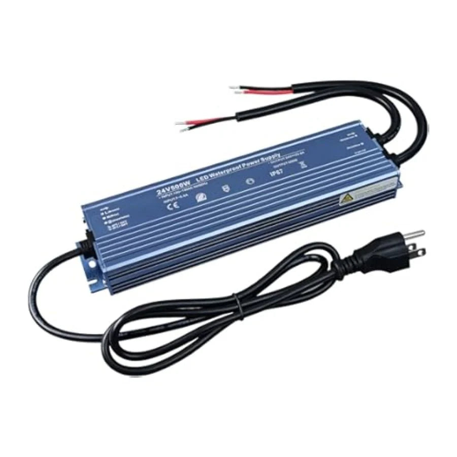 24V LED Driver 300W Waterproof IP67 Outdoor Power Supply – Transformer Adapter AC100V-130V to DC24V 12.5A, 3 Pin Plug for LED Strips, Signage, Landscape Lights