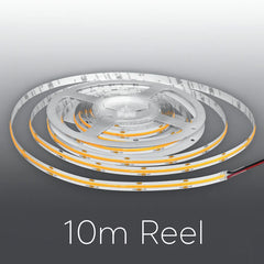 Roll of LED strip light with '10m Reel' text on a gray background