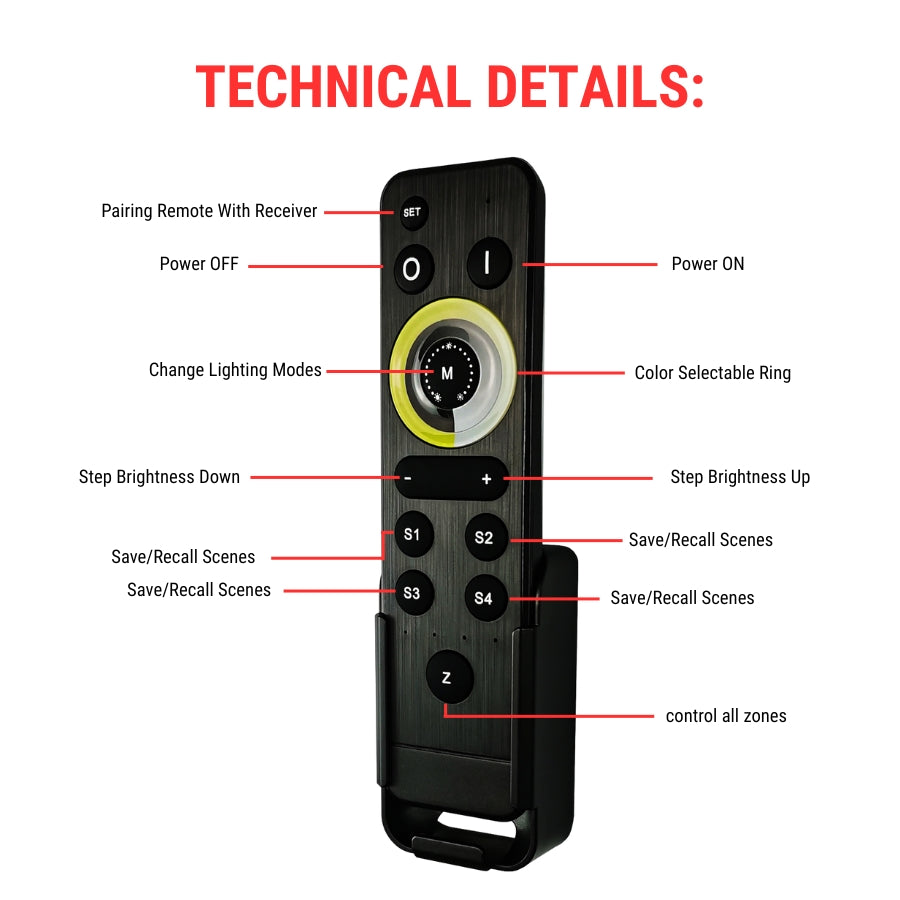 Remote Control LED Strip Lights Controller – 2-in-1 RF Wireless Dimmer for CCT & Single Color LEDs, 4-Zone Control, 1024-Level Dimming, 8 Dynamic Modes, Speed & Brightness Adjustment, Works with CW+WW Tunable White