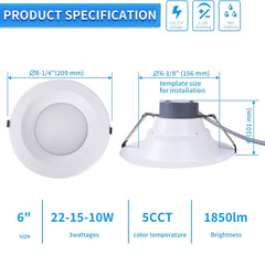 6 inch Commercial Canless LED Downlight, Wattage Adjustable 10/15/22W, 0-10V Dimmable Recessed Ceiling Light Fixture, 5 CCT 2700K-5000K, 120-277V IC Rated UL & Energy Star