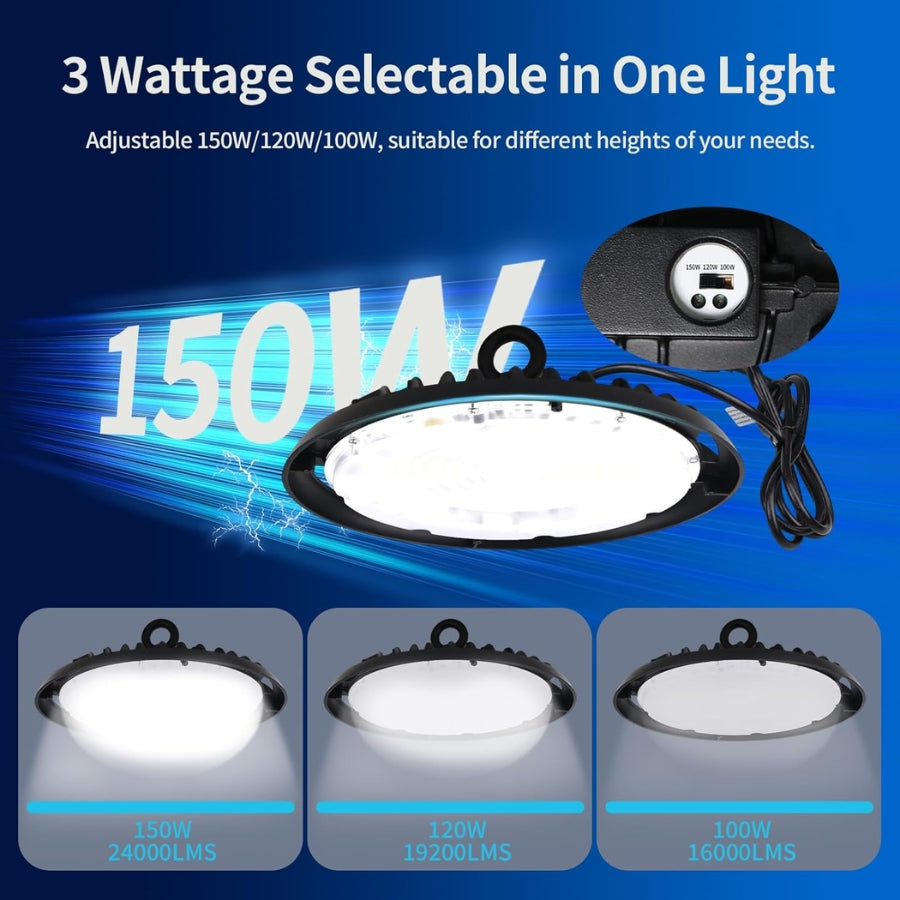 150W/120W/100W UFO LED High Bay Light, 24000Lumens, 3 Colors 4K 5K 5.7K, 6FT Hardwire & Dimmable Cables with G1/2 Hook, IP65, 120-277V, UL DLC Certified - Warehouse Gym Factory Commercial Lighting